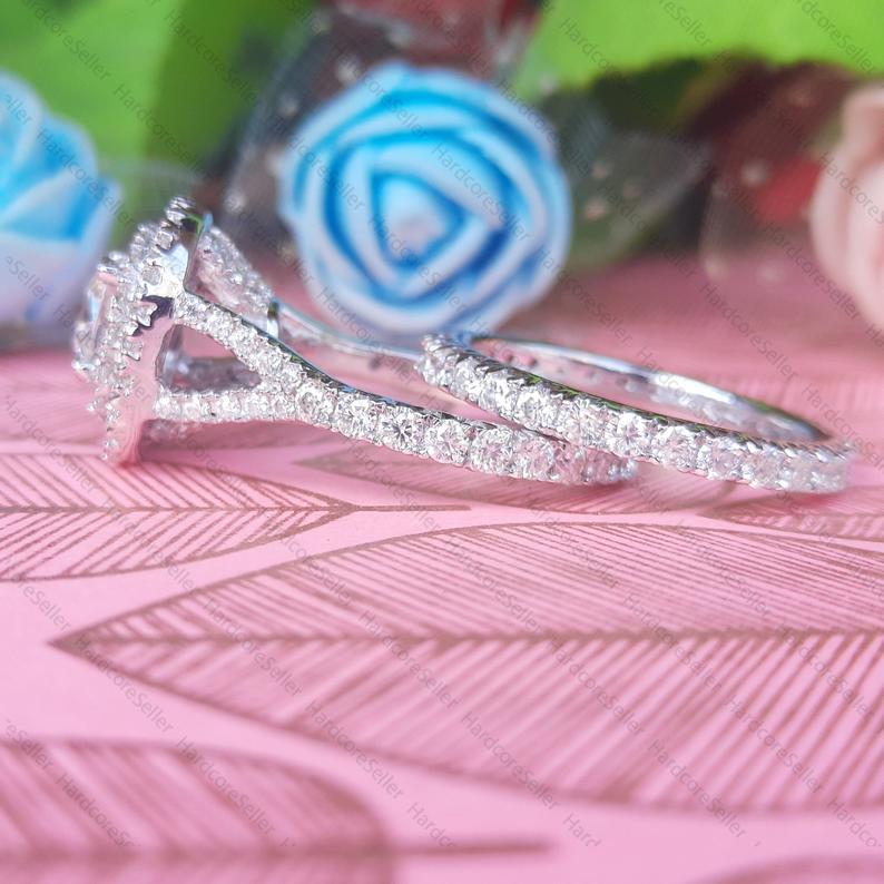 2 CT Cushion Cut Diamond White Gold Over On 925 Sterling Silver Double Halo Bridal Wedding Ring Set
