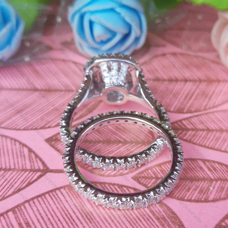 2 CT Cushion Cut Diamond White Gold Over On 925 Sterling Silver Double Halo Bridal Wedding Ring Set