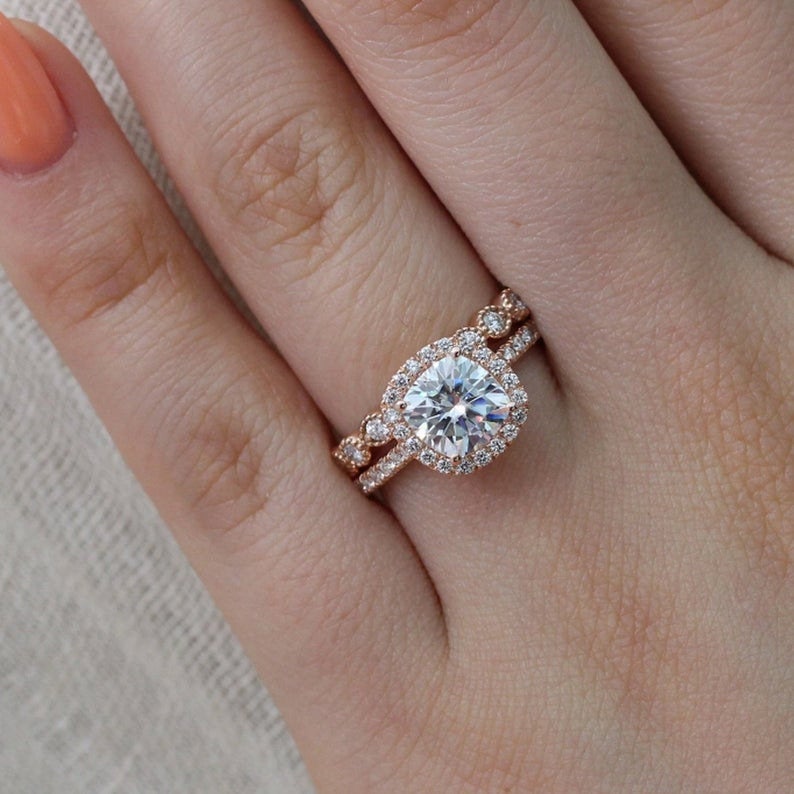 1 CT Cushion Cut White Diamond Rose Gold Over On 925 Sterling Silver Halo Bridal Ring Set