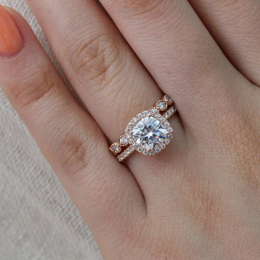 1 CT Cushion Cut White Diamond Rose Gold Over On 925 Sterling Silver Halo Bridal Ring Set