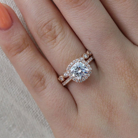 1 CT Cushion Cut White Diamond Rose Gold Over On 925 Sterling Silver Halo Bridal Ring Set