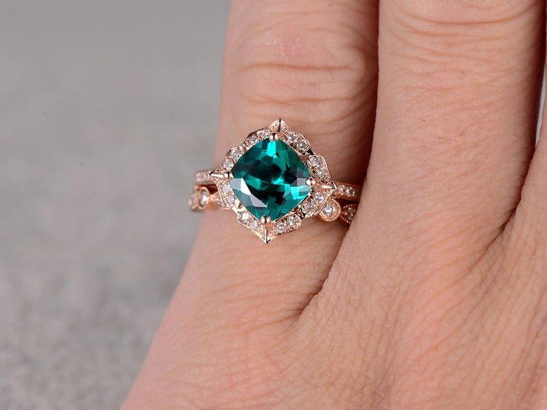1.25 CT Cushion Cut Emerald Diamond Rose Gold Over On 925 Sterling Silver Halo Bridal Ring Set