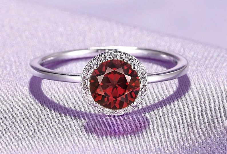 4 CT Round Cut Red Garnet Diamond 925 Sterling Silver Halo Women's Wedding Ring