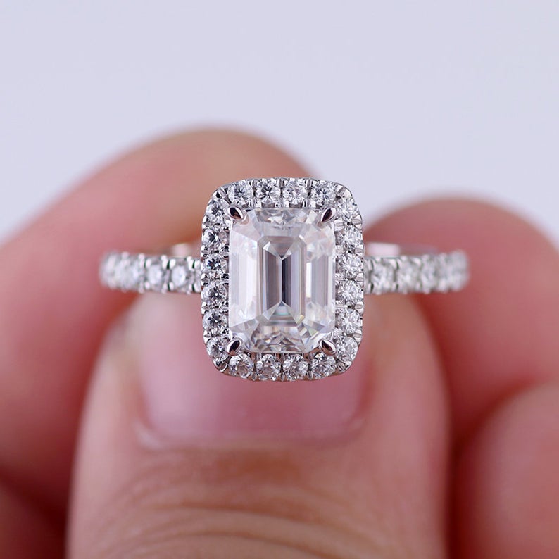 1 CT Emerald Cut Diamond 925 Sterling Silver Halo Wedding Ring