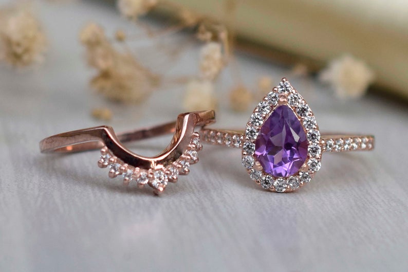 1 CT Pear Cut Amethyst CZ Diamond Rose Gold Over On 925 Sterling Silver Halo Bridal Ring Set
