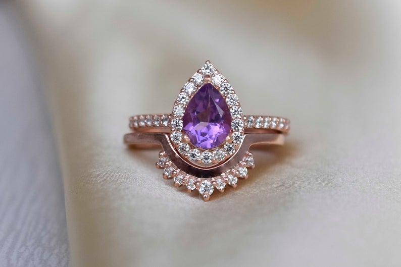1 CT Pear Cut Amethyst Diamond 925 Sterling Silver Engagement Bridal Set Ring