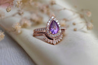 1 CT Pear Cut Amethyst Diamond 925 Sterling Silver Engagement Bridal Set Ring
