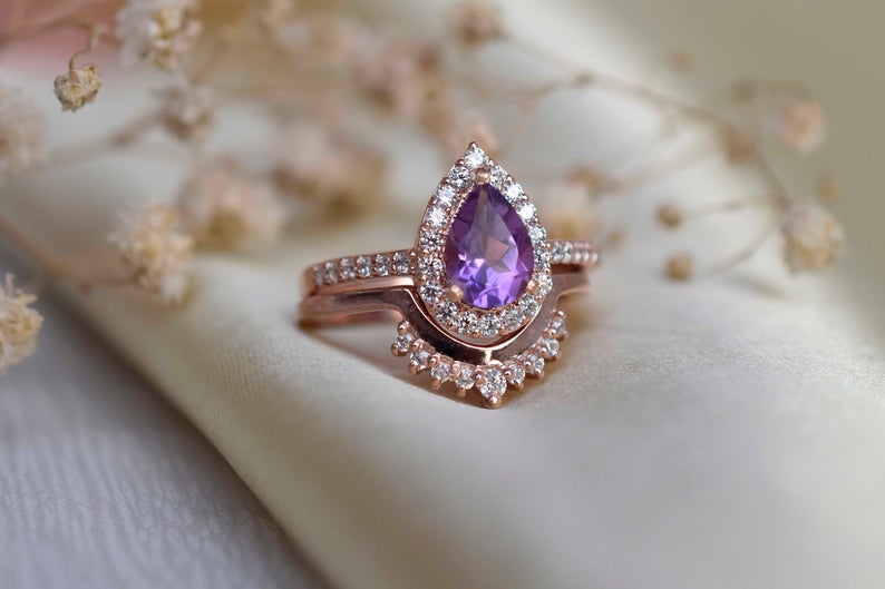 1 CT Pear Cut Amethyst CZ Diamond Rose Gold Over On 925 Sterling Silver Halo Bridal Ring Set