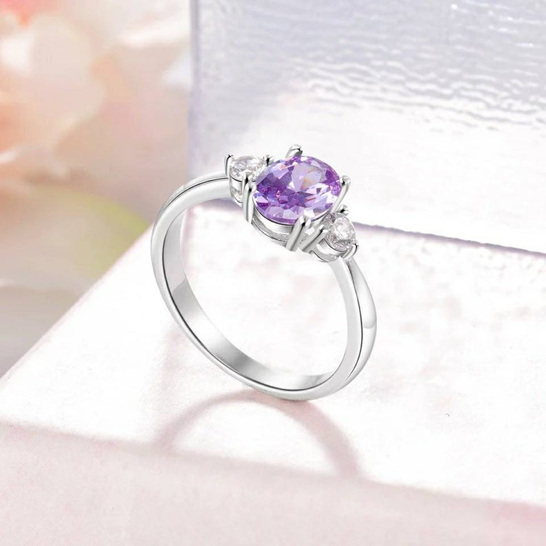 1 CT Oval Cut Amethyst Diamond White Gold Over On 925 Sterling Silver Three Stone promise Ring