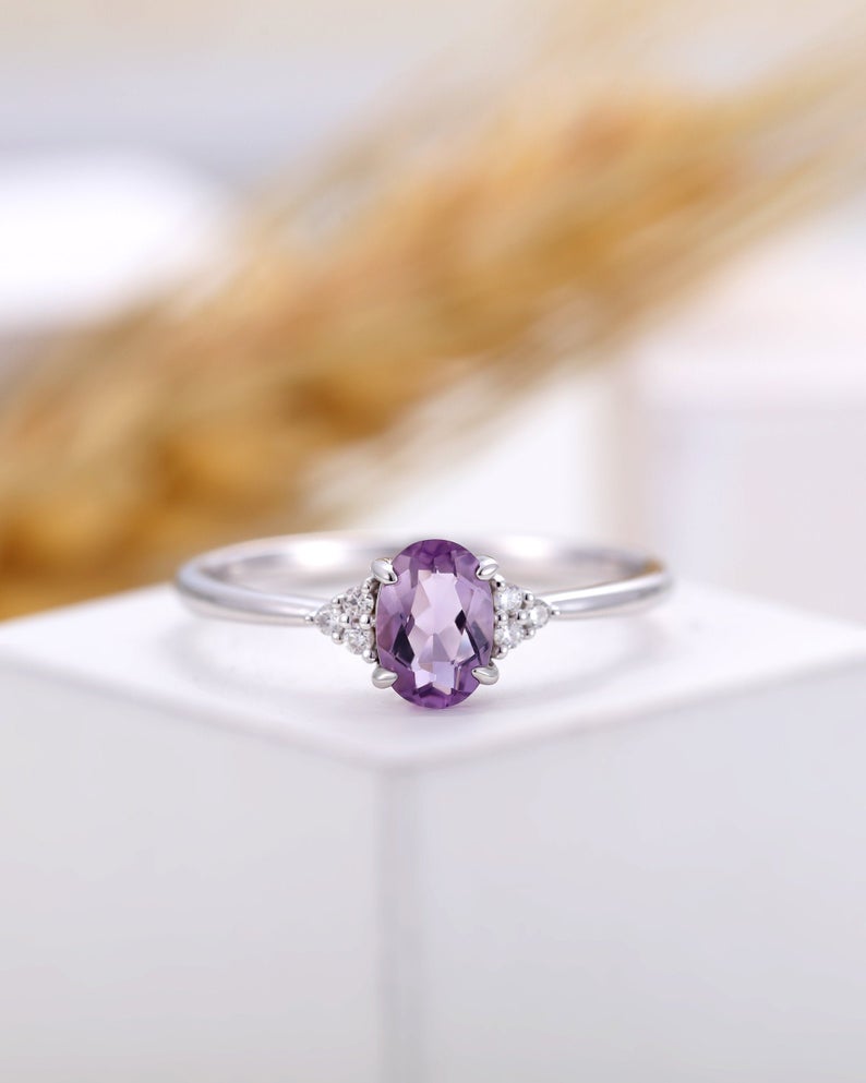 1 CT Oval Cut Amethyst Diamond White Gold Over On 925 Sterling Silver Solitaire With Accents Ring