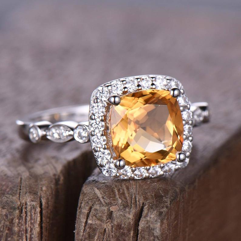 2.50 Ct Cushion Cut Yellow Citrine 925 Sterling Silver Halo Engagement Band Ring