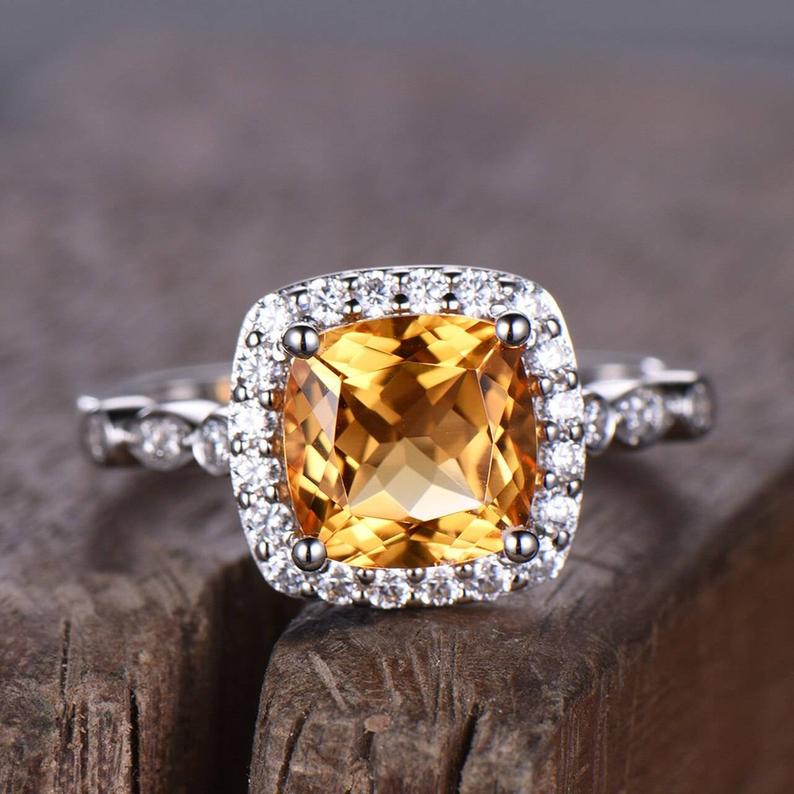 2.50 Ct Cushion Cut Yellow Citrine 925 Sterling Silver Halo Engagement Band Ring