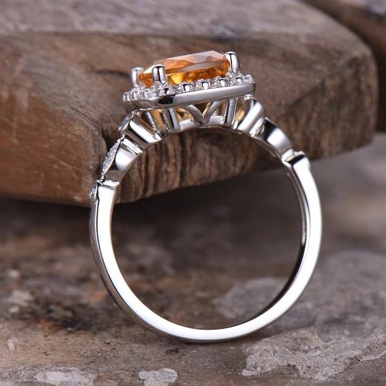 2.50 Ct Cushion Cut Yellow Citrine 925 Sterling Silver Halo Engagement Band Ring