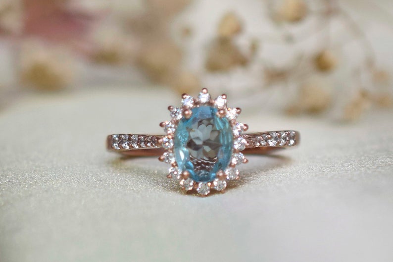 2 CT Oval Cut Blue Topaz Diamond 925 Sterling Silver Halo Engagement Ring,