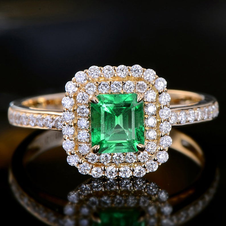 1 CT Emerald Cut Emerald Diamond Yellow Gold Over On 925 Sterling Silver Women Double Halo Engagement Ring