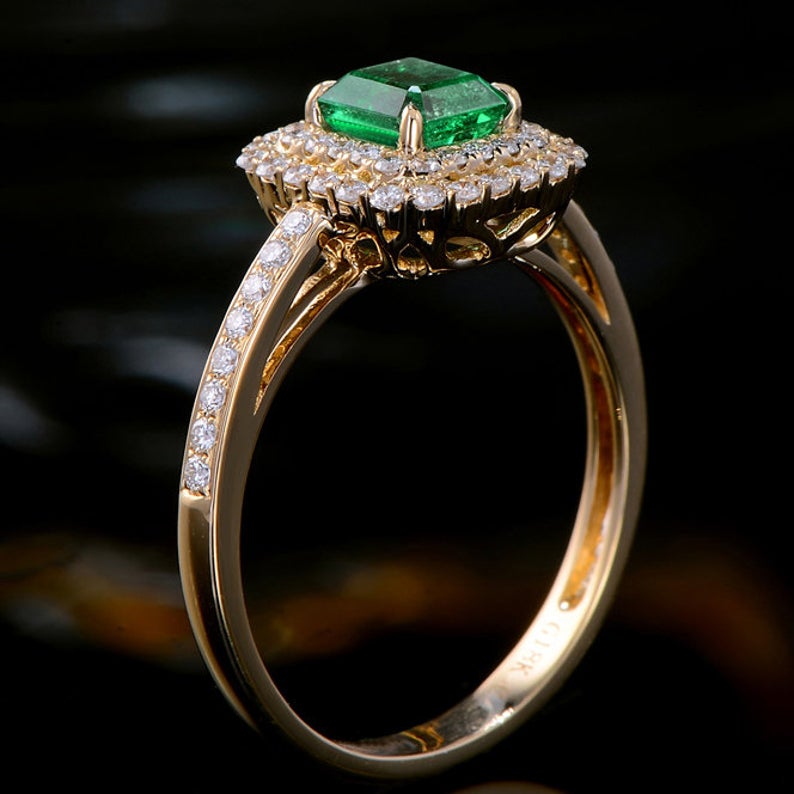 1 CT Emerald Cut Emerald Diamond Yellow Gold Over On 925 Sterling Silver Women Double Halo Engagement Ring