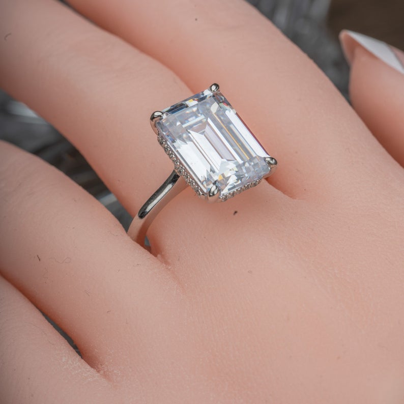 1 CT Emerald Cut White Gold Over On 925 Sterling Silver Solitaire With Accents Promise Ring