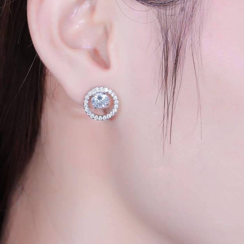 1.75 Ct Round Cut Diamond 925 Sterling Silver Halo Stud Earrings Anniversary Gift For Her