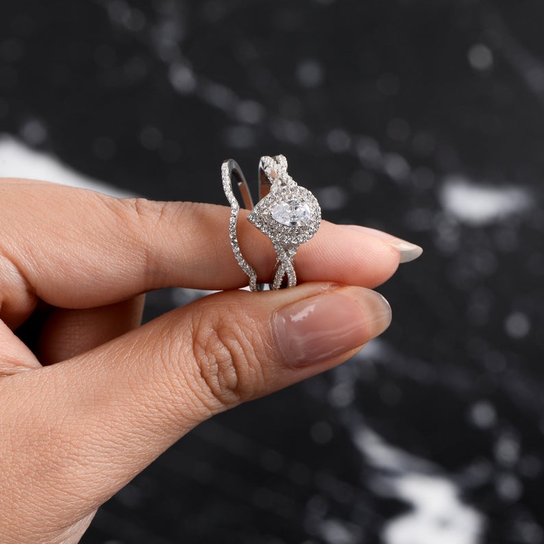 2 CT Pear Cut Diamond 925 Sterling Silver Halo Anniversary Bridal Set Gift for Her
