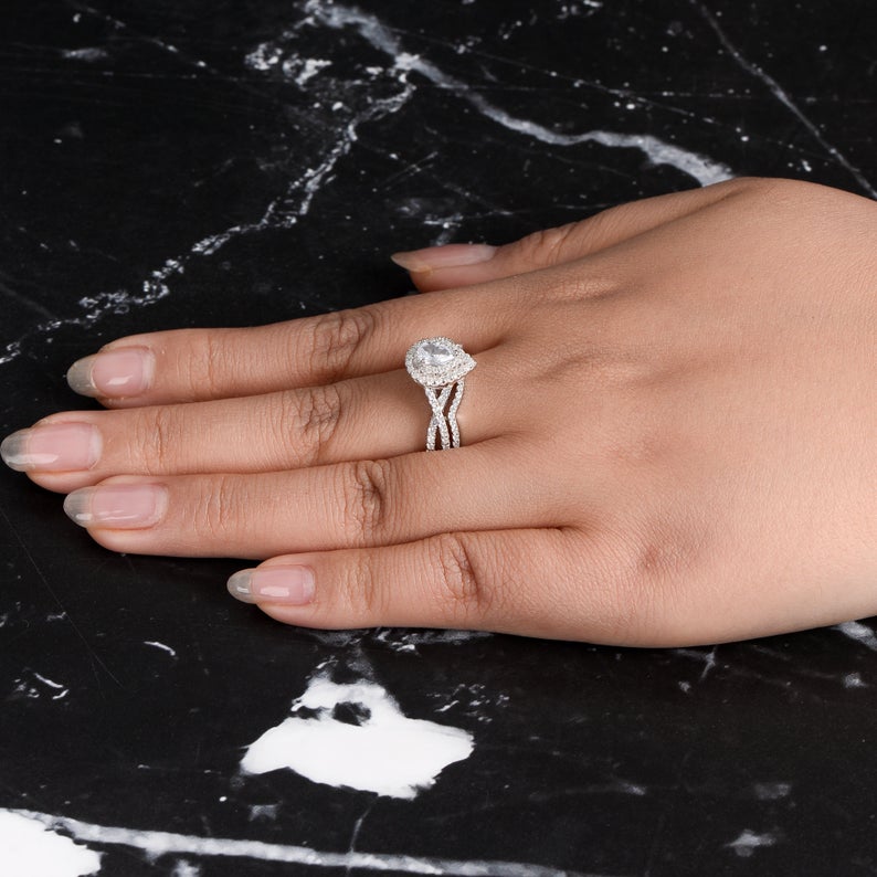 1 CT Pear & Round Cut White Diamond White Gold Over On 925 Sterling Silver Bridal Ring Set Gift for Her