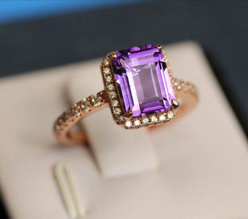 1 CT Emerald Cut Amethyst Diamond 925 Sterling Silver Halo Women Promise Ring