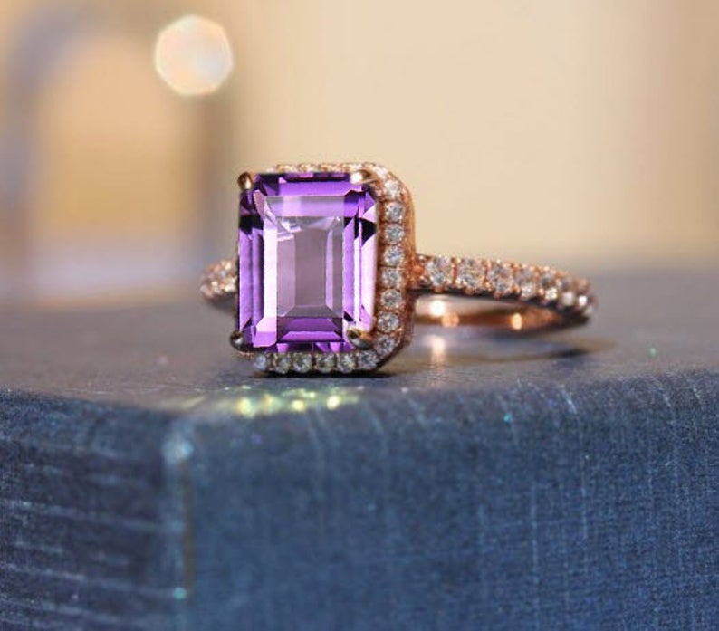 1 CT Emerald Cut Amethyst Diamond 925 Sterling Silver Halo Women Promise Ring