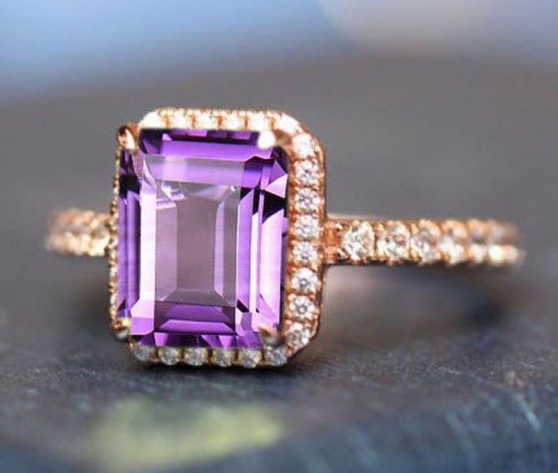 1 CT Emerald Cut Amethyst Diamond 925 Sterling Silver Halo Women Promise Ring