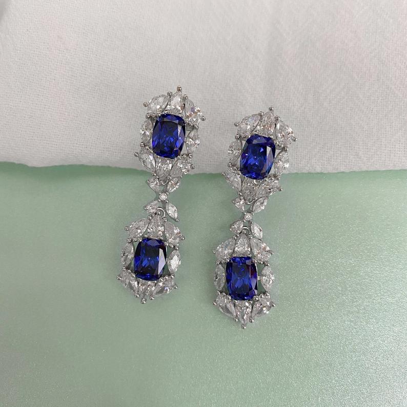 4.50 Ct Cushion Cut Blue Sapphire Engagement Wedding Dangle Earrings In 925 Sterling Silver