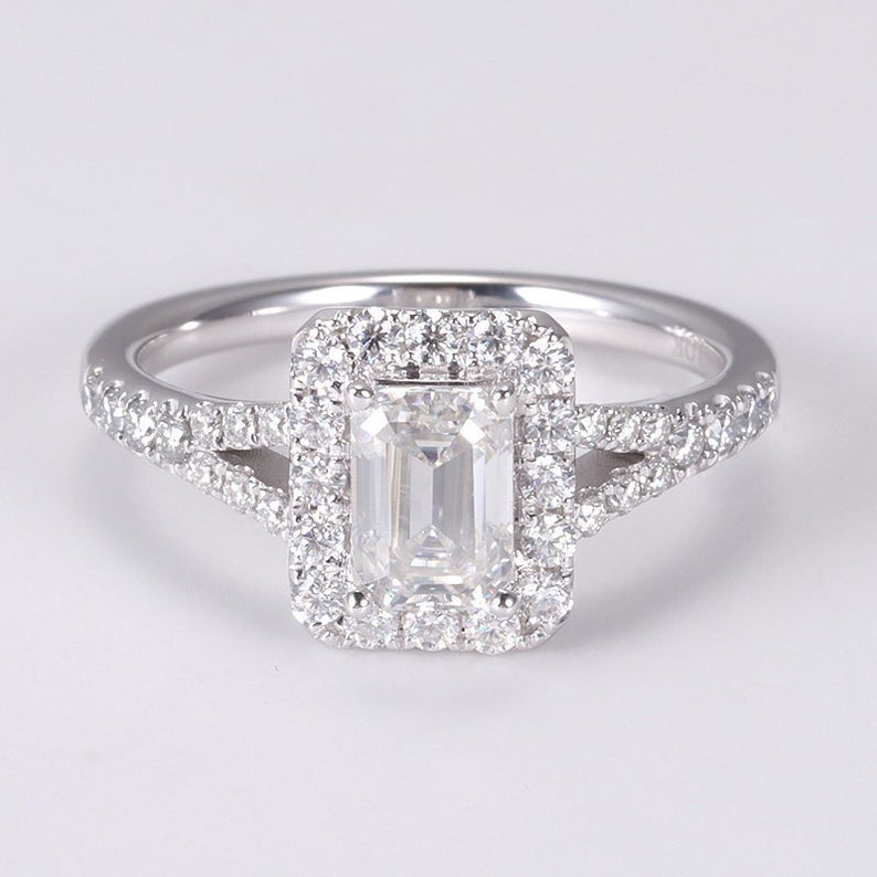 2 CT Emerald Cut White Diamond White Gold Over On 925 Sterling Silver Halo Wedding Ring
