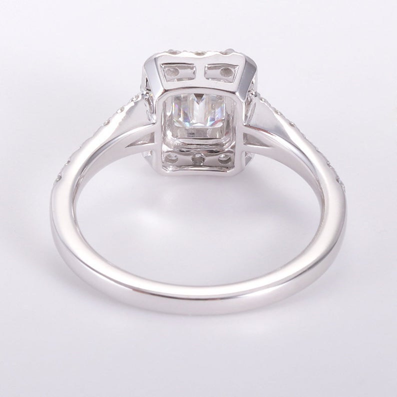 2 CT Emerald Cut White Diamond White Gold Over On 925 Sterling Silver Halo Wedding Ring