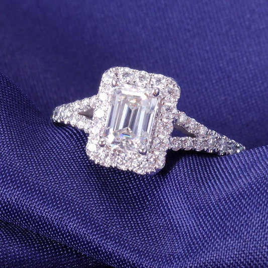 2 CT Emerald Cut White Diamond White Gold Over On 925 Sterling Silver Halo Wedding Ring