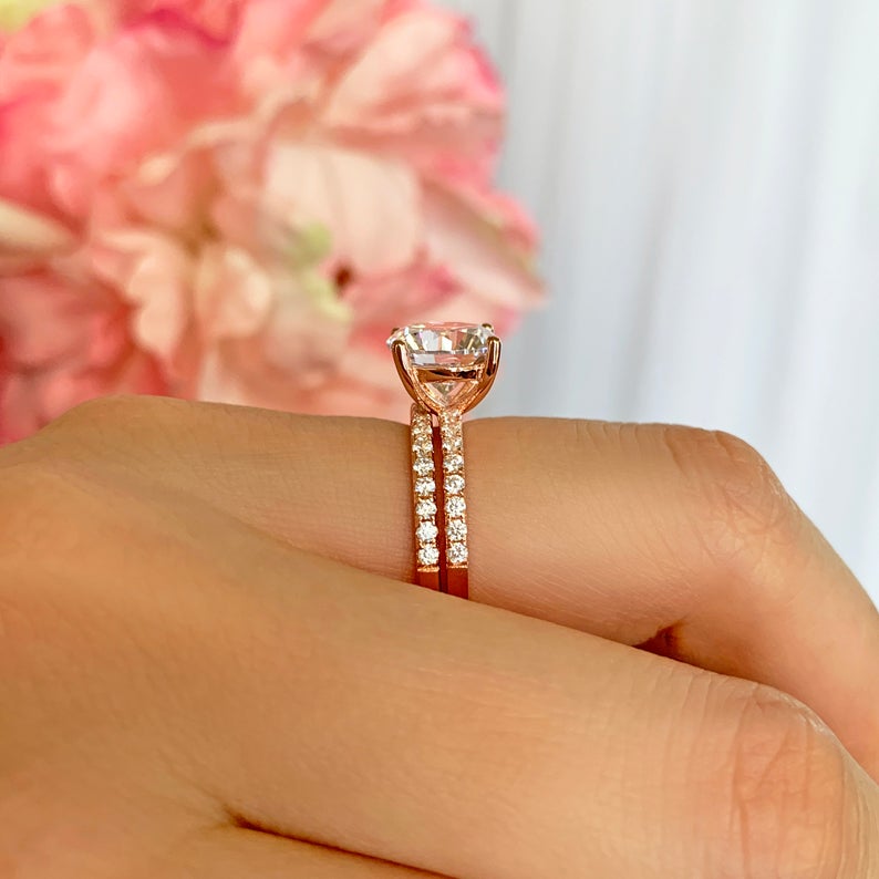 2 CT Round Cut Diamond Rose Gold Over On 925 Sterling Silver Accented Solitaire Bridal Set