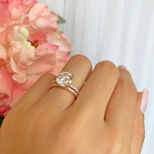 2 CT Round Cut Diamond Rose Gold Over On 925 Sterling Silver Accented Solitaire Bridal Set