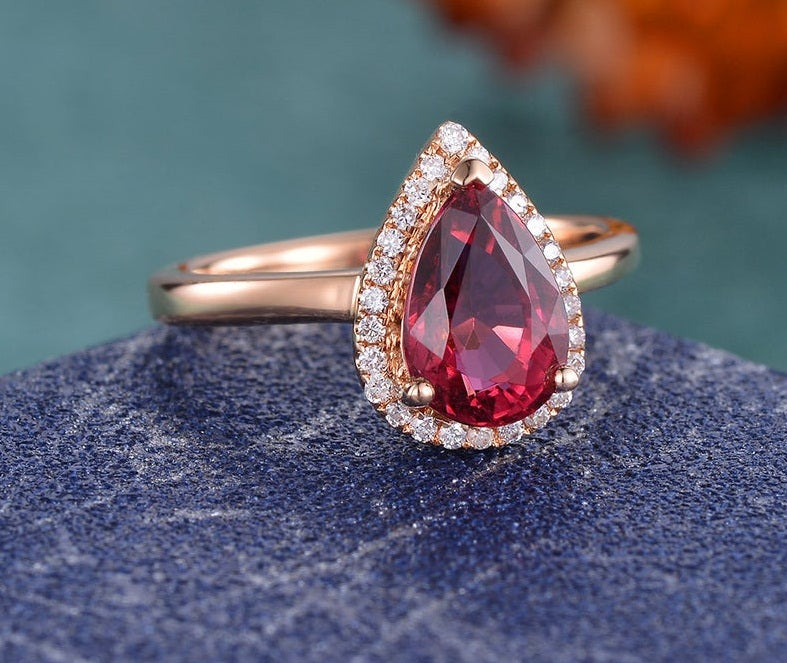 1.75 Ct Pear Cut Red Ruby Rose Gold Over On 925 Sterling Silver Halo Anniversary Gift Ring