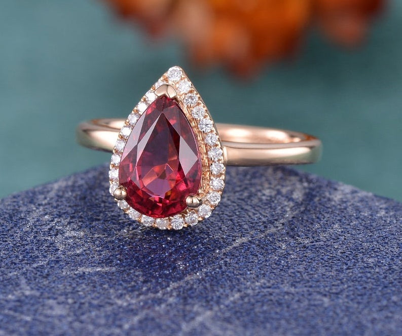 1.75 Ct Pear Cut Red Ruby Rose Gold Over On 925 Sterling Silver Halo Anniversary Gift Ring