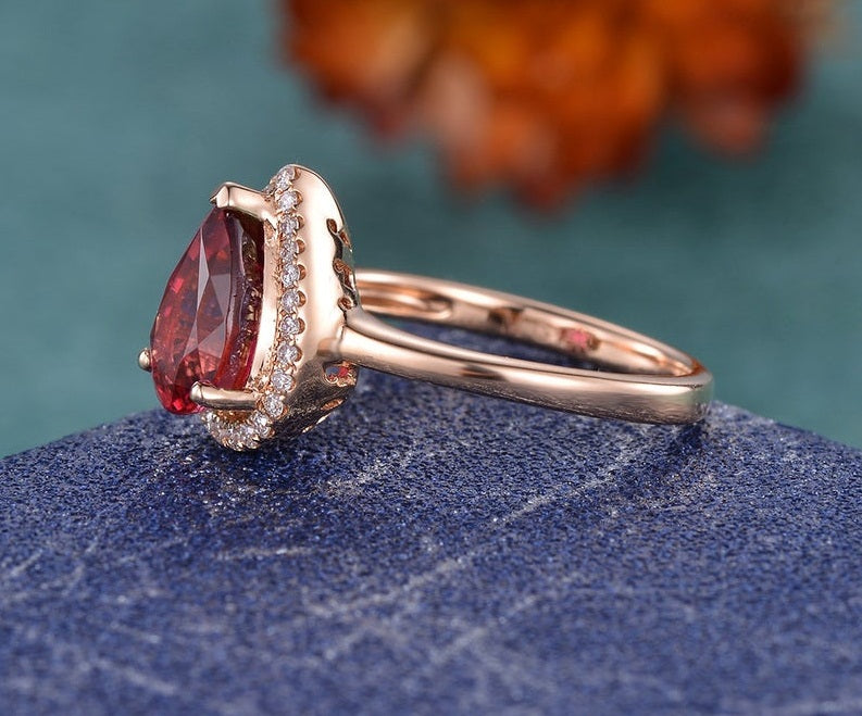 1.75 Ct Pear Cut Red Ruby Rose Gold Over On 925 Sterling Silver Halo Anniversary Gift Ring