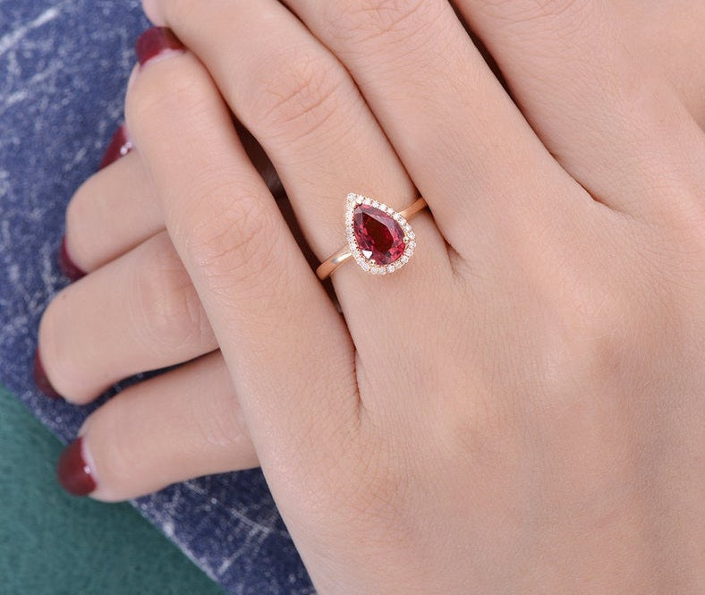 1.75 Ct Pear Cut Red Ruby Rose Gold Over On 925 Sterling Silver Halo Anniversary Gift Ring