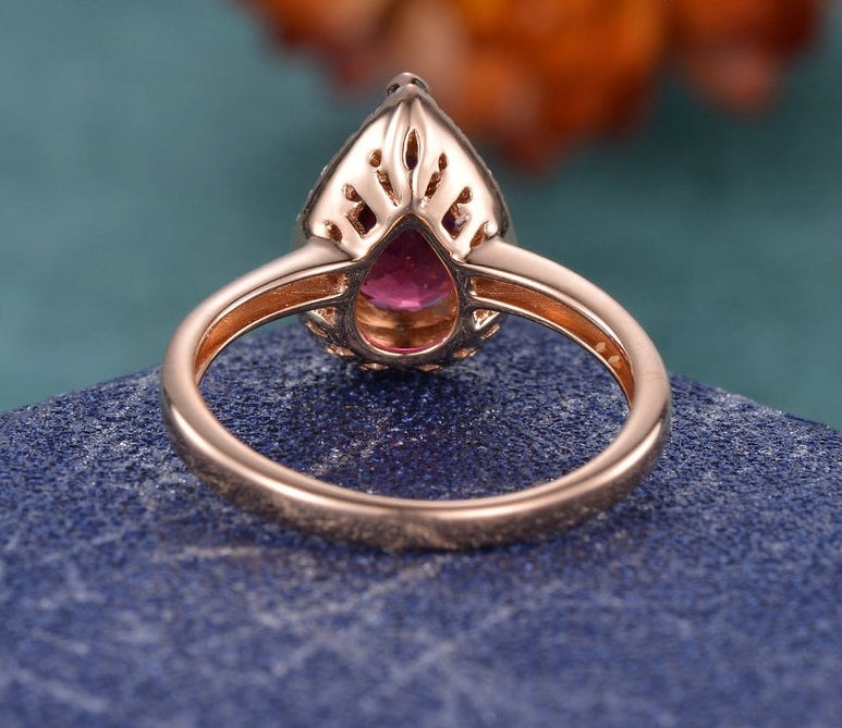 1.75 Ct Pear Cut Red Ruby Rose Gold Over On 925 Sterling Silver Halo Anniversary Gift Ring
