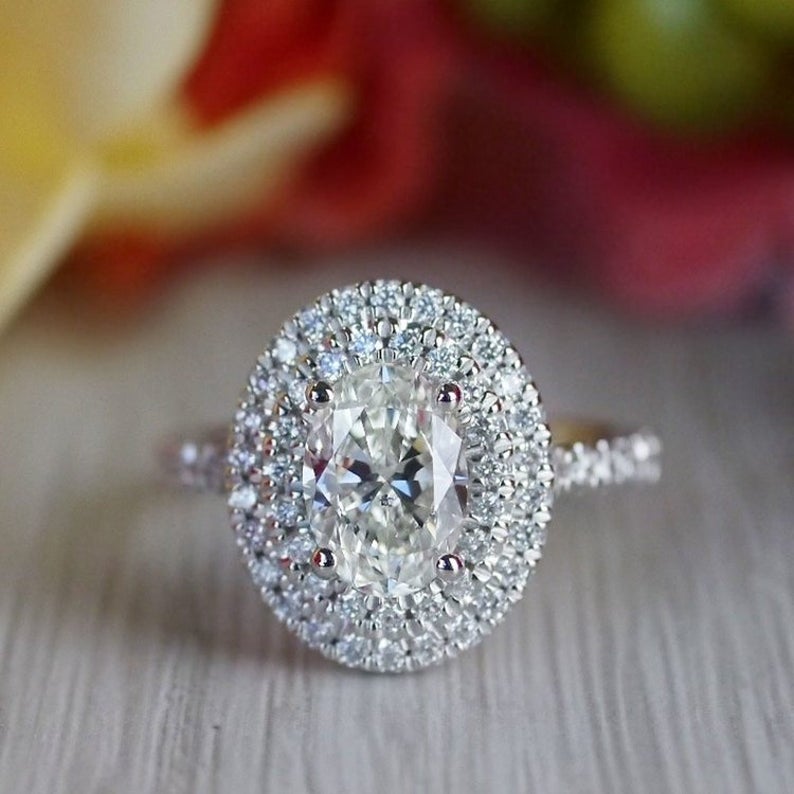 1 CT Oval Cut Diamond White Gold Over On 925 Sterling Silver Double Halo Engagement Ring