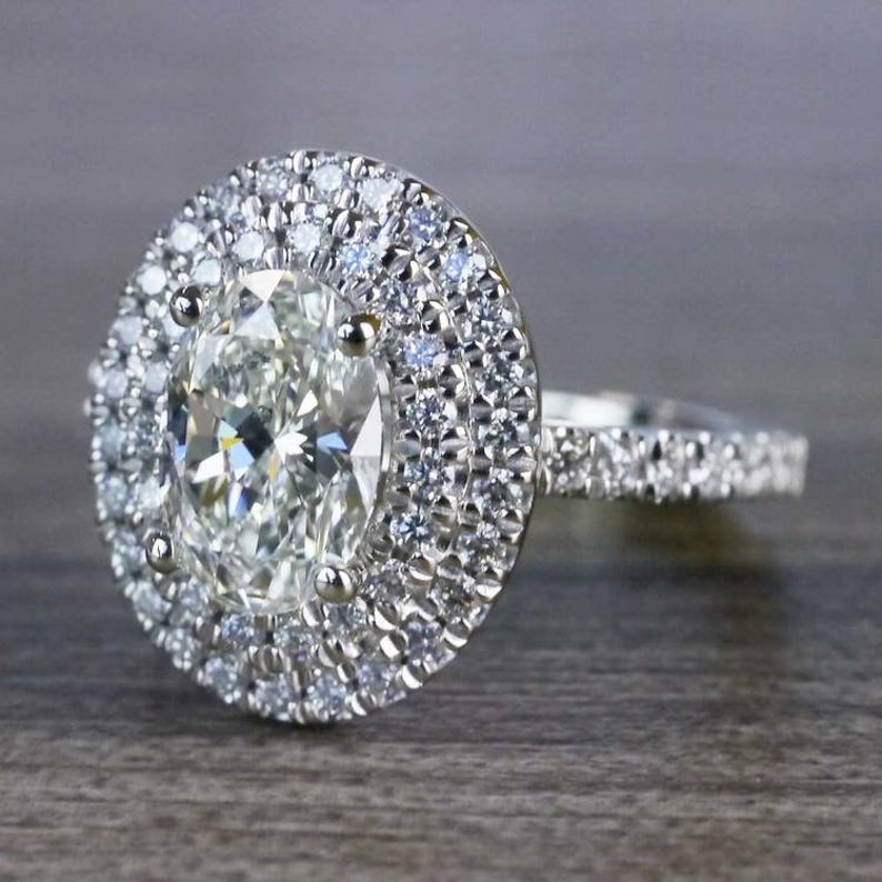 1 CT Oval Cut Diamond White Gold Over On 925 Sterling Silver Double Halo Engagement Ring