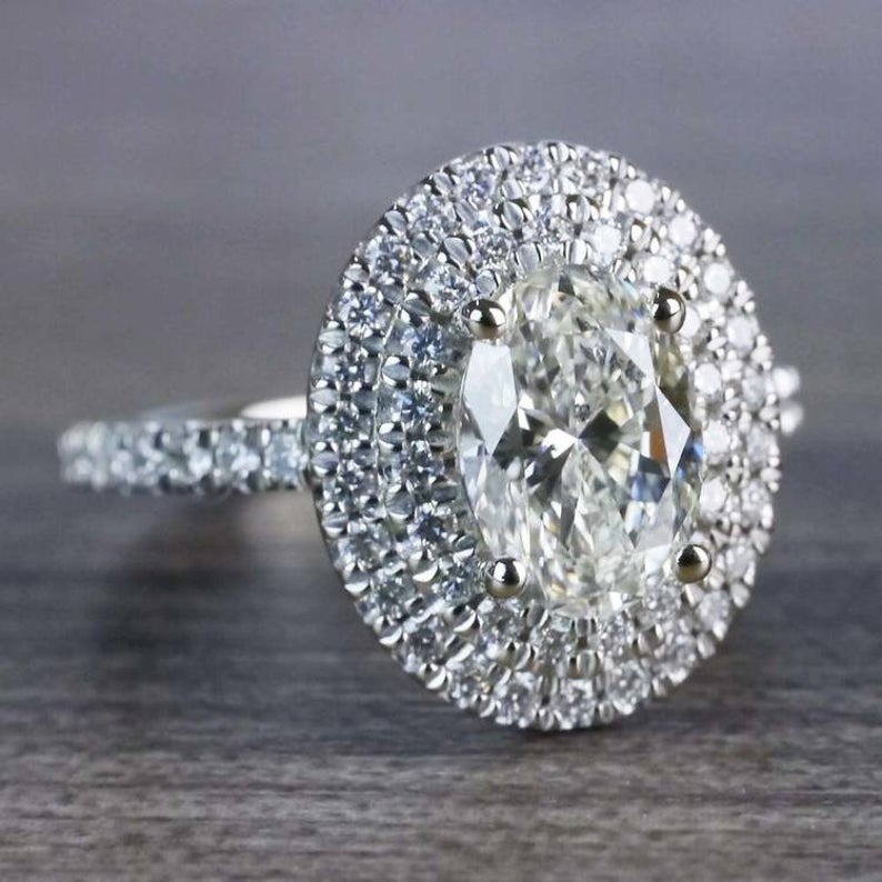 1 CT Oval Cut Diamond White Gold Over On 925 Sterling Silver Double Halo Engagement Ring