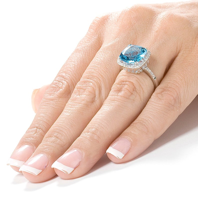 2 CT Cushion Cut Blue Topaz Diamond 925 Sterling Silver Halo Engagement Ring