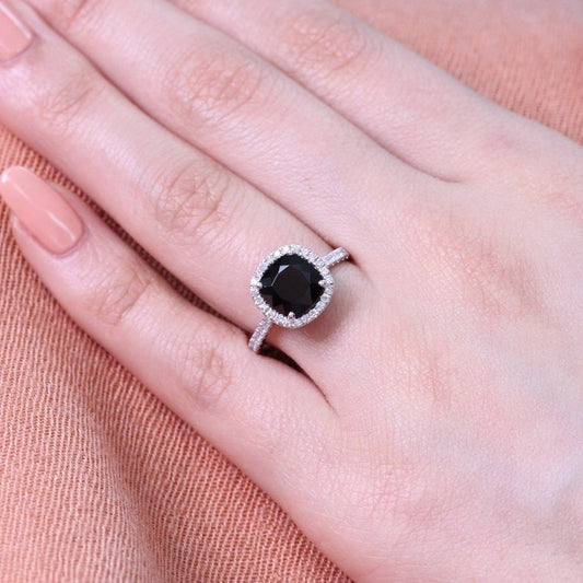 2 CT Cushion Cut Black Diamond 925 Sterling Silver Halo Engagement Ring