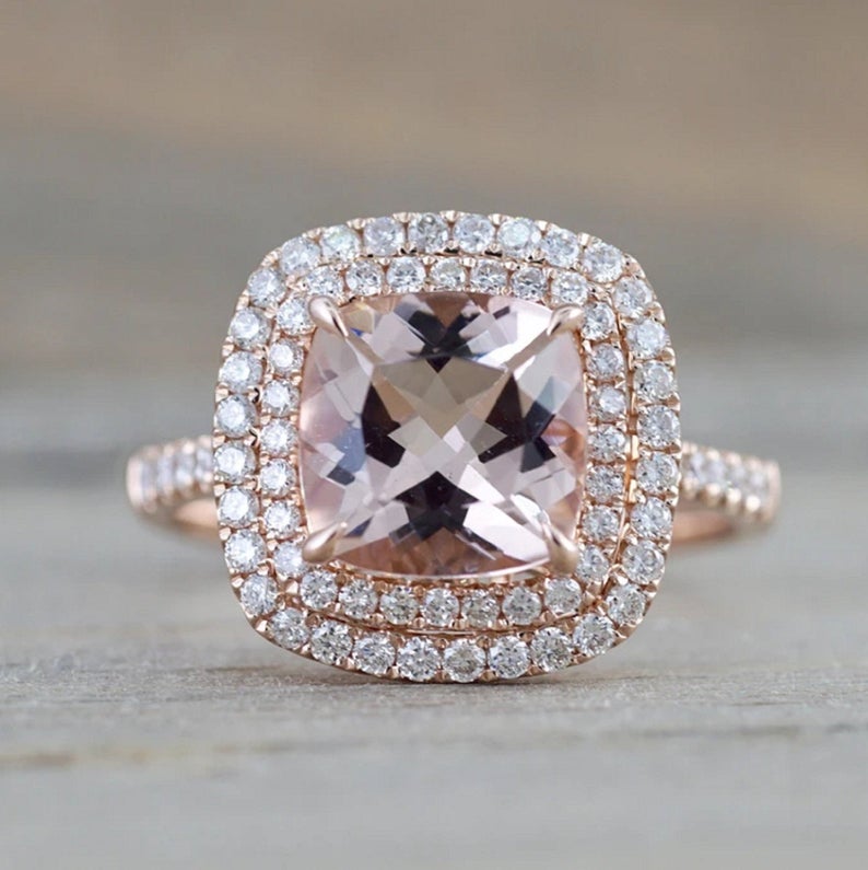 2 CT Cushion Cut Morganite Diamond 925 Sterling Silver Double Halo Women Wedding Ring