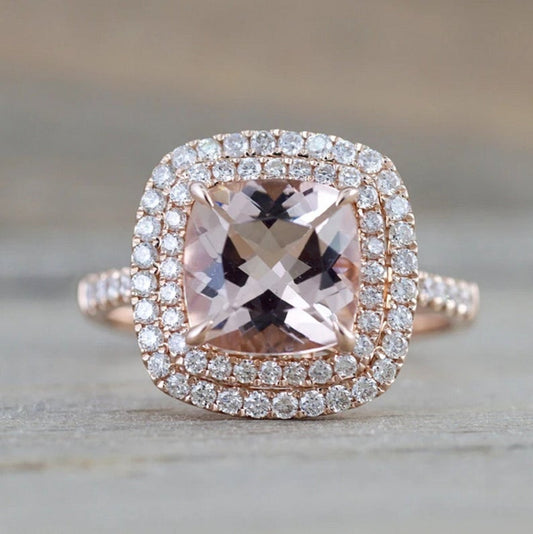 2 CT Cushion Cut Morganite Diamond 925 Sterling Silver Double Halo Women Wedding Ring