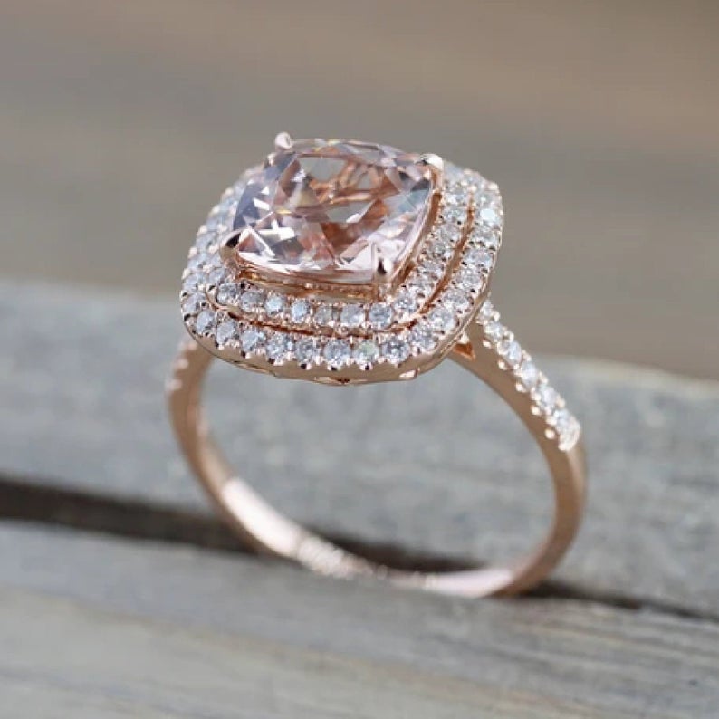 2 CT Cushion Cut Morganite Diamond 925 Sterling Silver Double Halo Women Wedding Ring