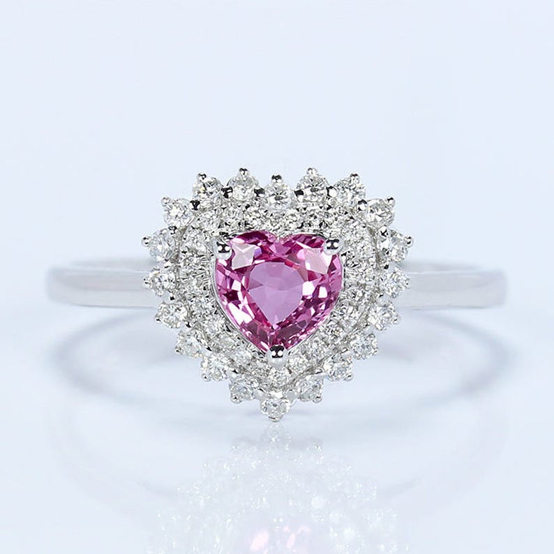 1 CT Heart Cut Pink Sapphire Diamond 925 Sterling Silver Double Halo Wedding Ring