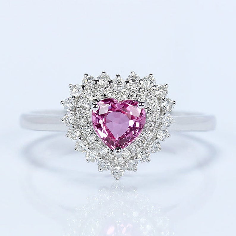 White Gold Pink Sapphire Diamond Engagement Ring CT Heart Cut Pink