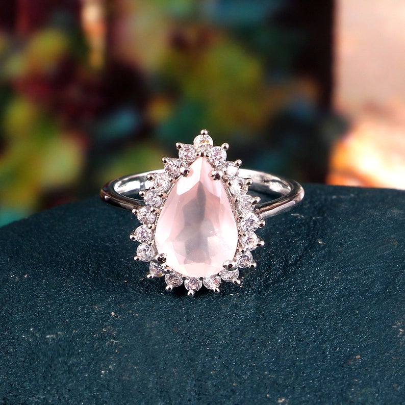 2 CT Pear Cut Rose Quartz Diamond 925 Sterling Silver Halo Anniversary Ring