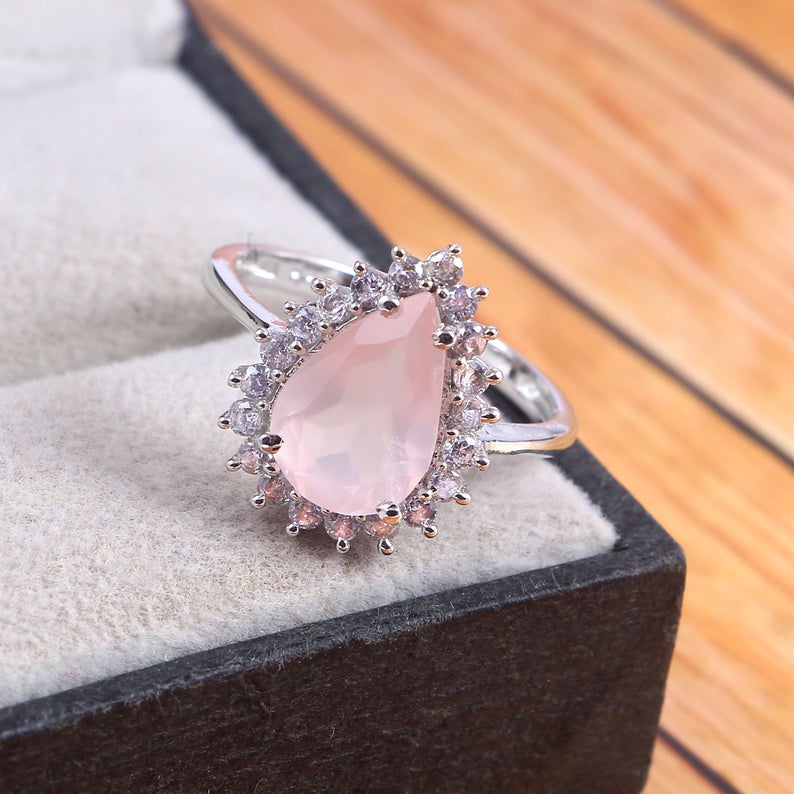 2 CT Pear Cut Rose Quartz Diamond 925 Sterling Silver Halo Anniversary Ring